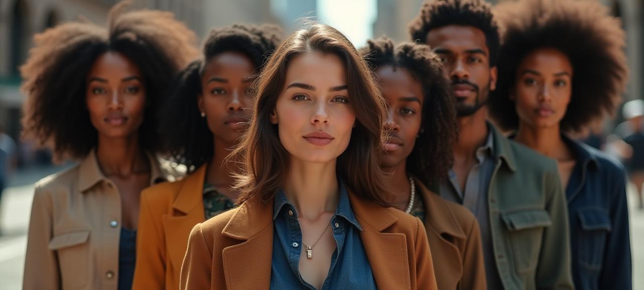 Diverse models wearing Liberty Apparel's casual and formal clothing