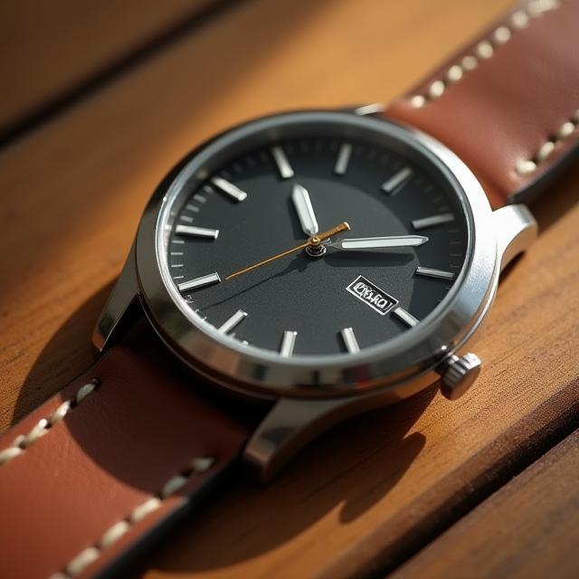 Casual wristwatch with leather strap on wood background
